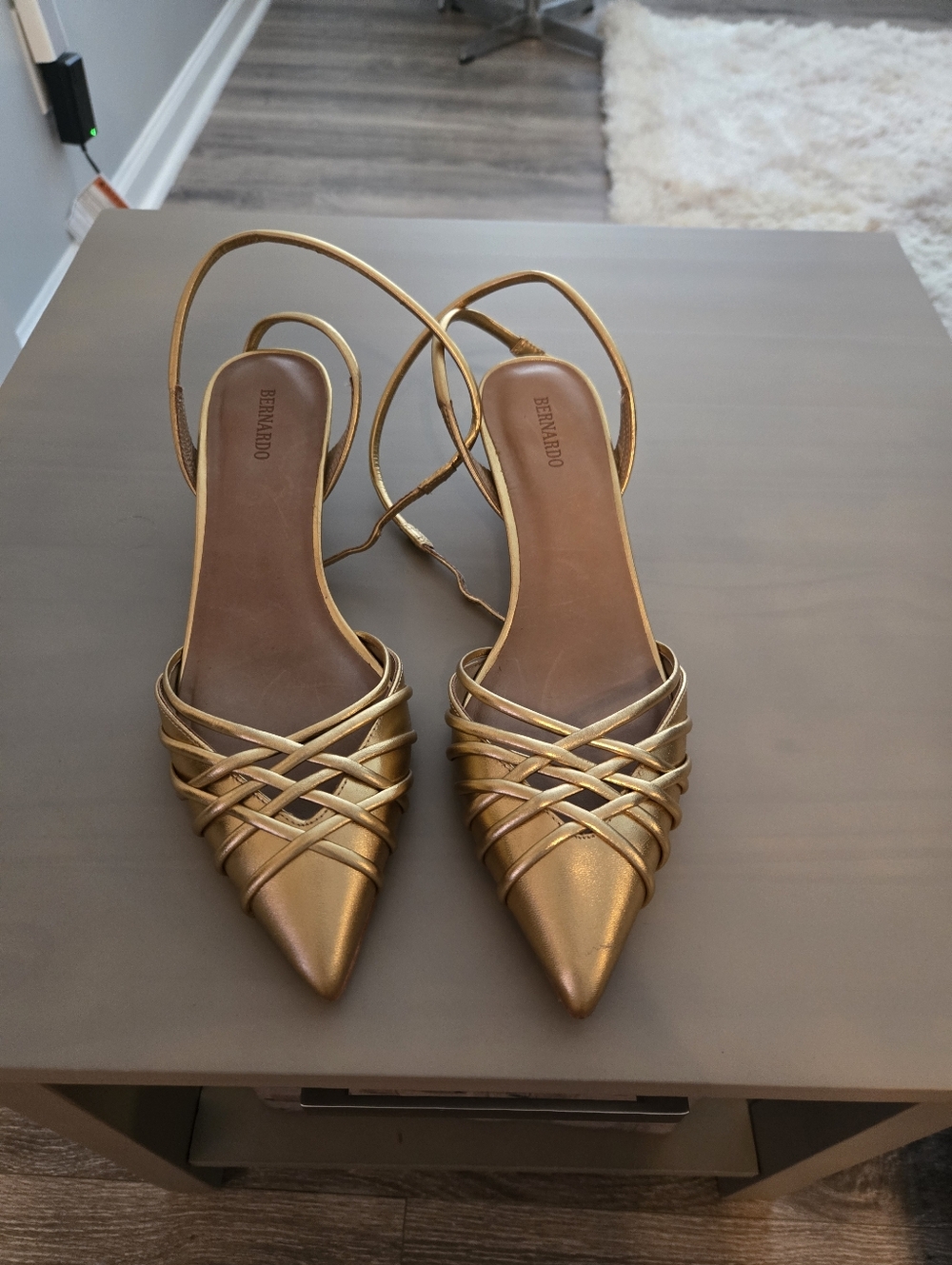 Bernardo Metallic Gold Pointed Toe Strappy Slingbacks